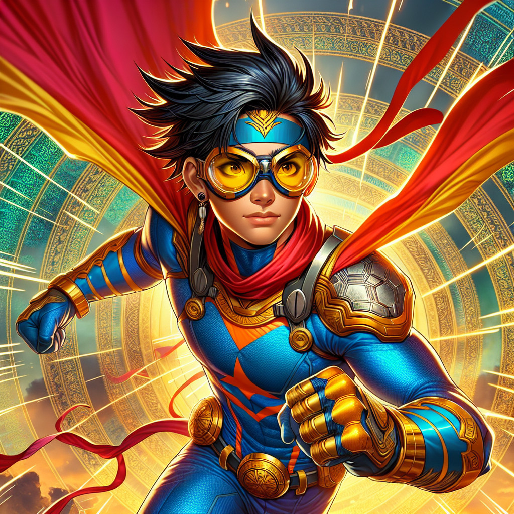 Dynamic superhero in blue and yellow suit with cape