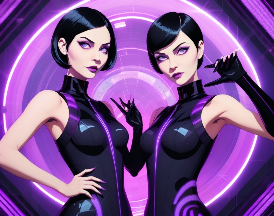 Identical Figures in Futuristic Black Bodysuits