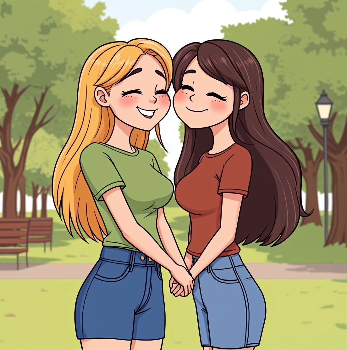 Cheerful Women in Sunny Park with Lush Trees