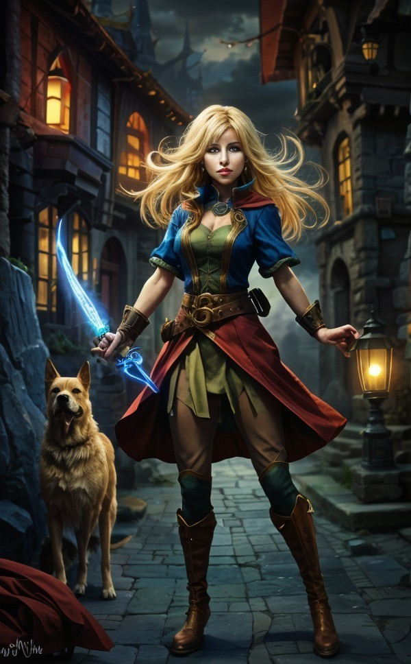Warrior Woman in Mystical Nighttime Village Scene