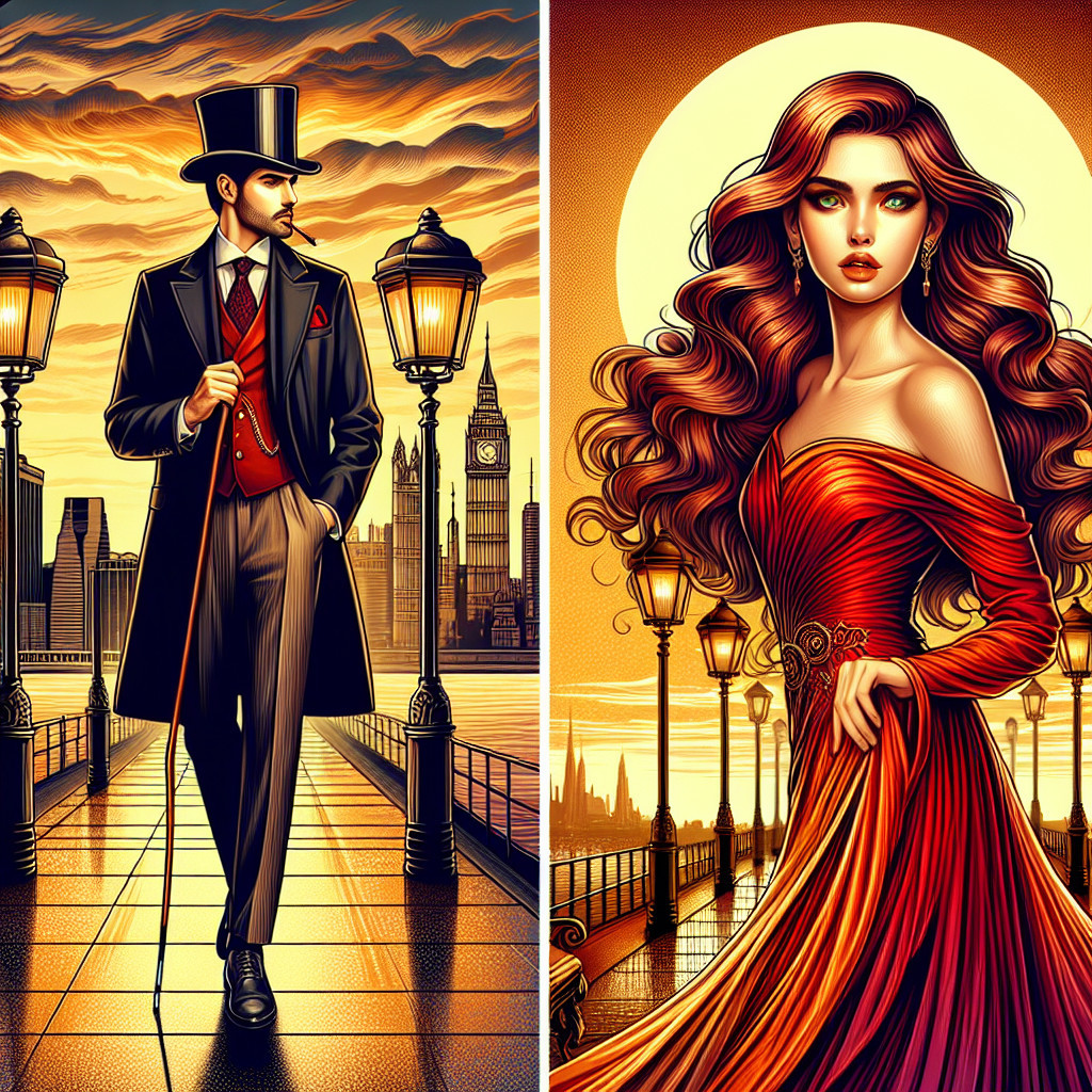 Elegant Figures in Vibrant Cityscape at Sunset