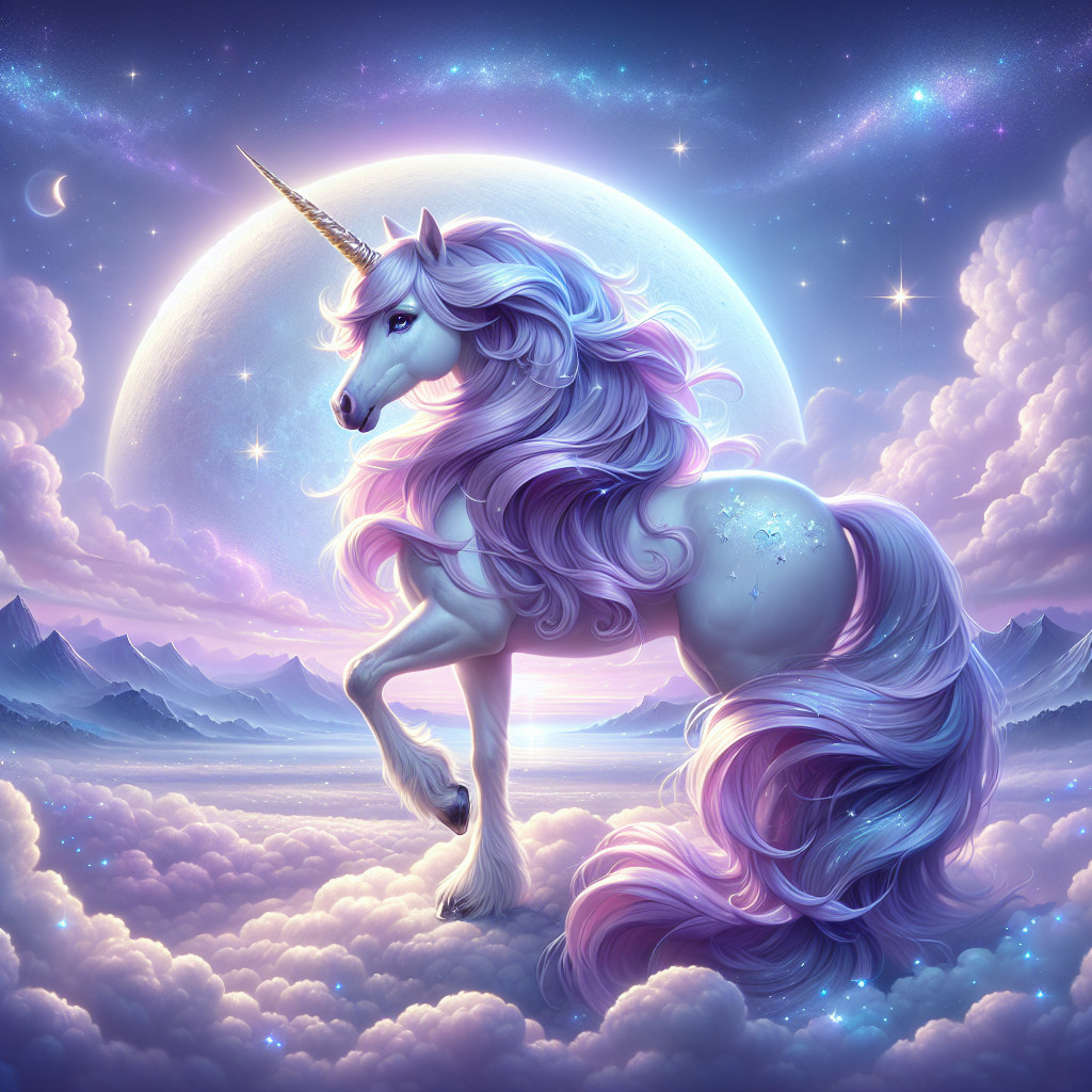 Unicorn on Clouds Under Moonlit Cosmic Sky