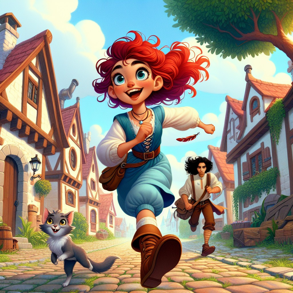 Charming Village Scene with Spirited Girl and Cat