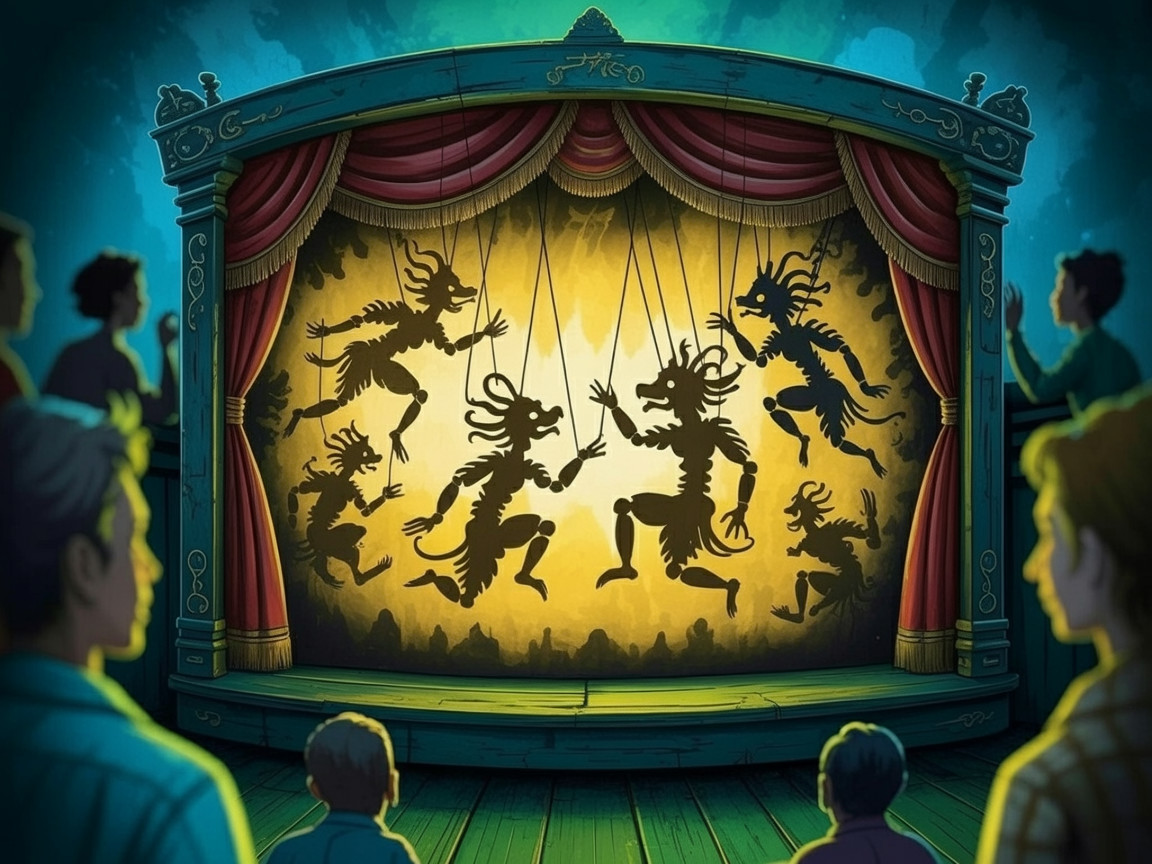 Theater Stage with Shadow Puppets and Vibrant Backdrop