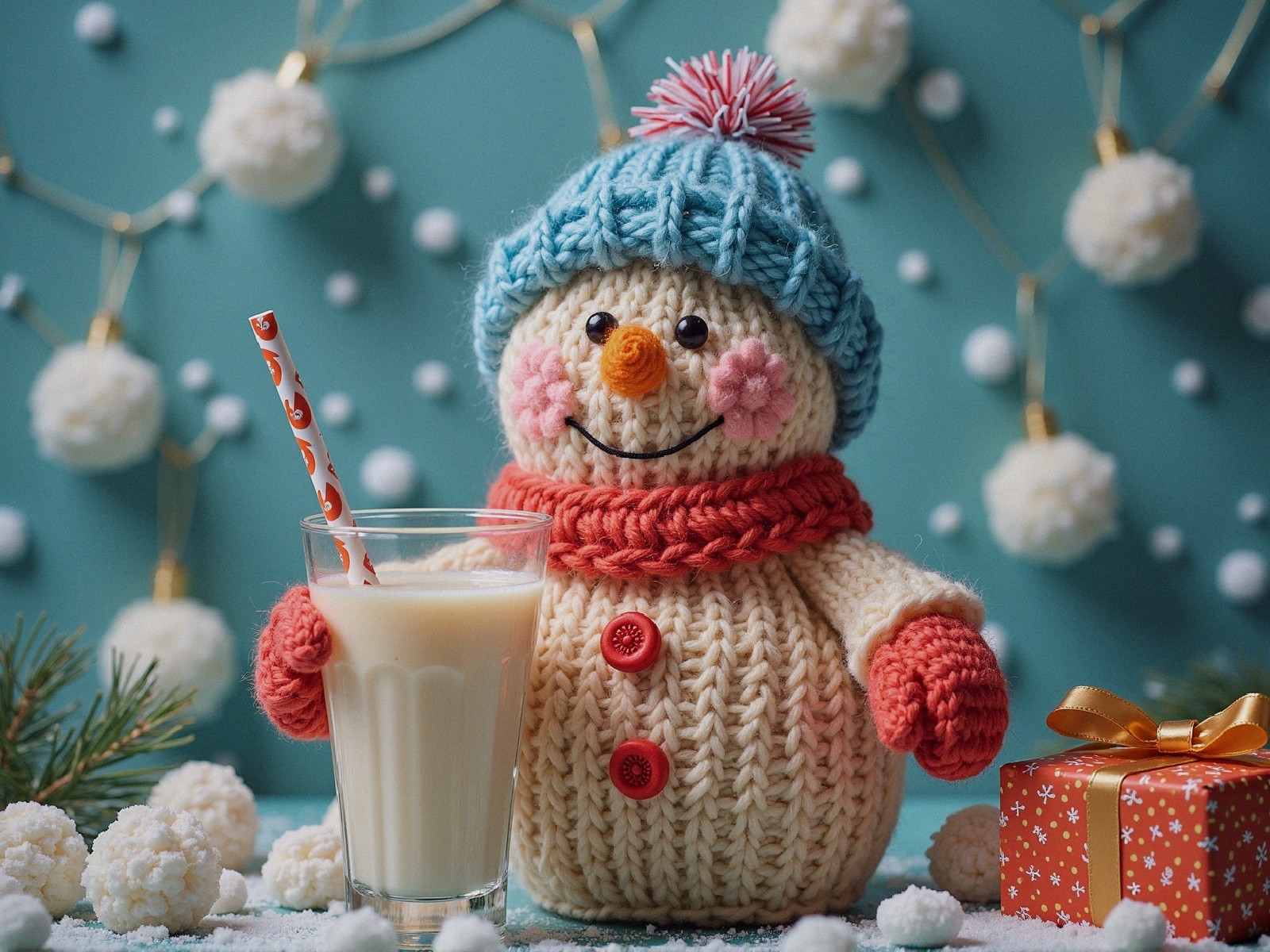 Cheerful Knitted Snowman with Festive Winter Decor
