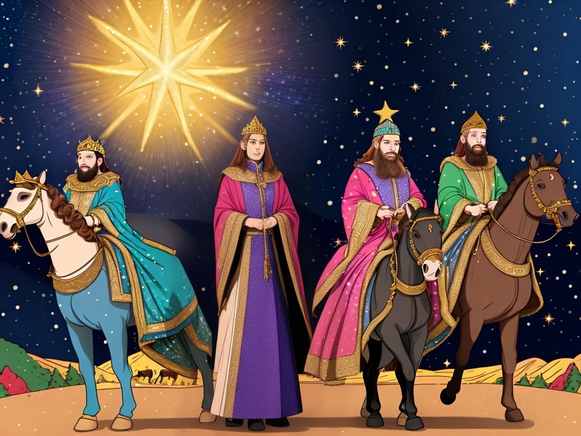 Regal Figures on Horseback Under Starry Night Sky