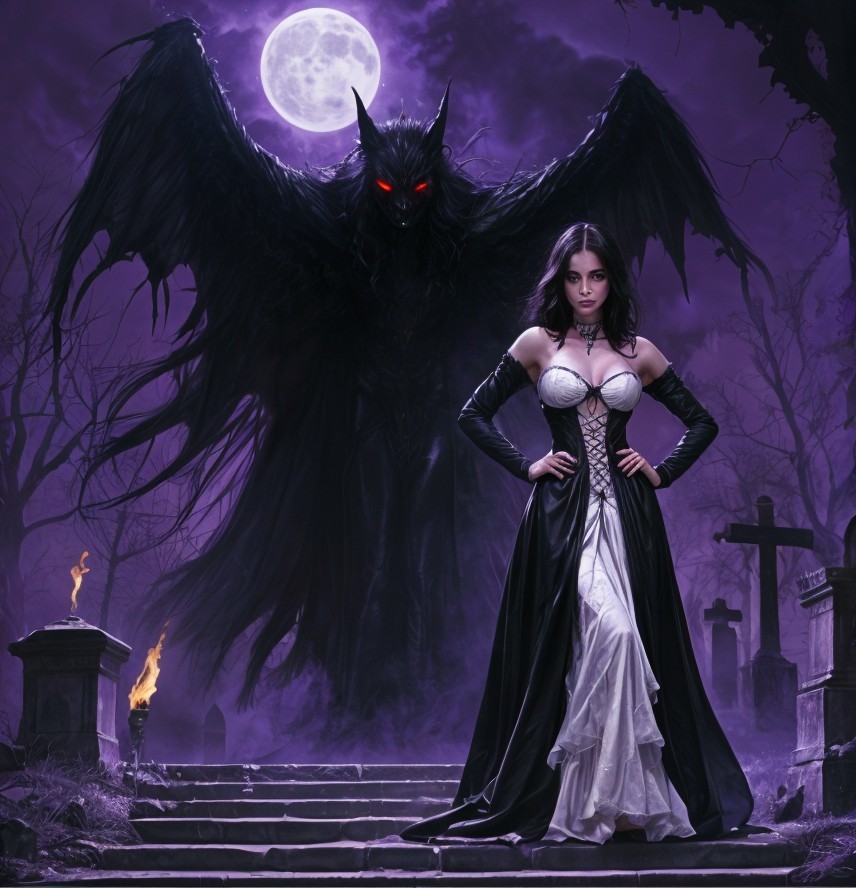 Young Woman in White Gown in Eerie Graveyard Scene