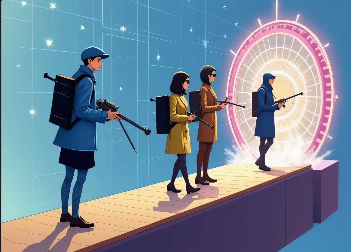 Futuristic Figures with Rifles by a Glowing Portal