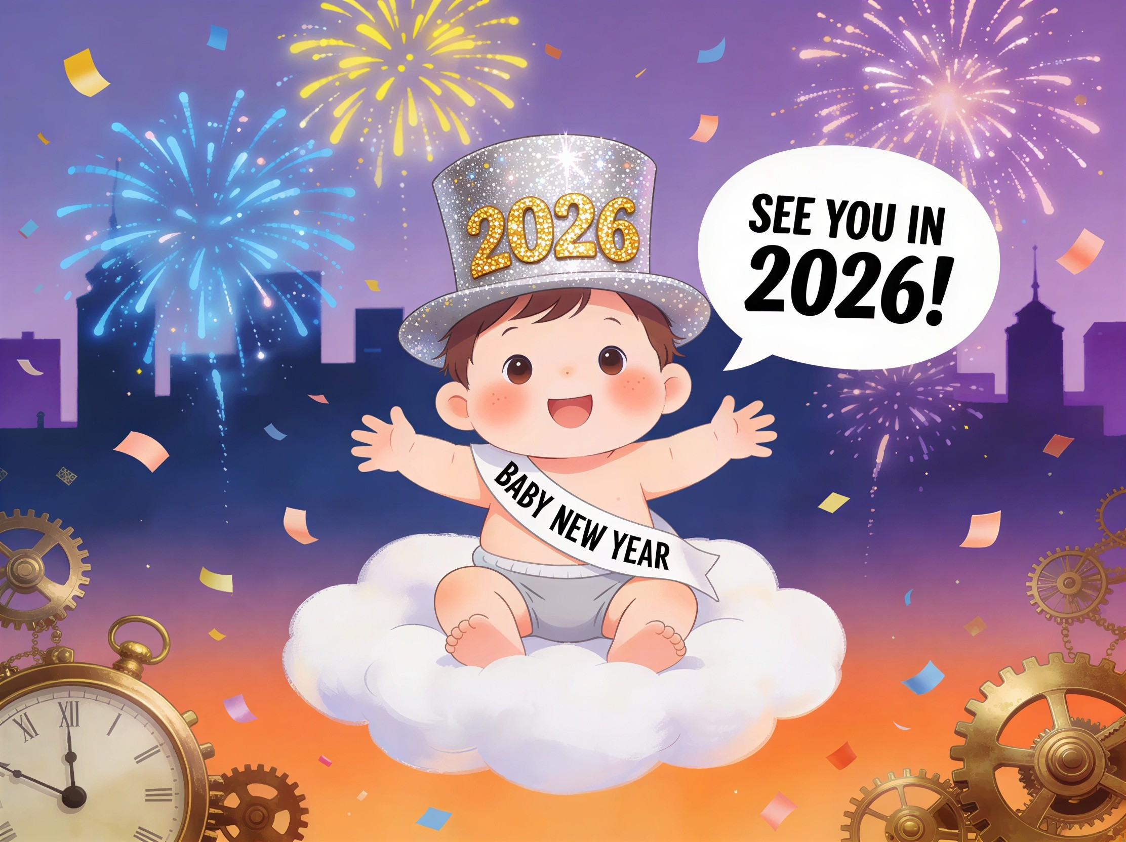Chubby Cartoon Baby New Year on Cloud with Speech Bubble