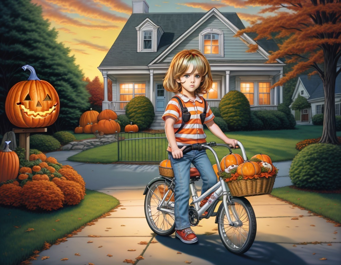 Child Riding Bicycle with Pumpkins in Autumn Neighborhood