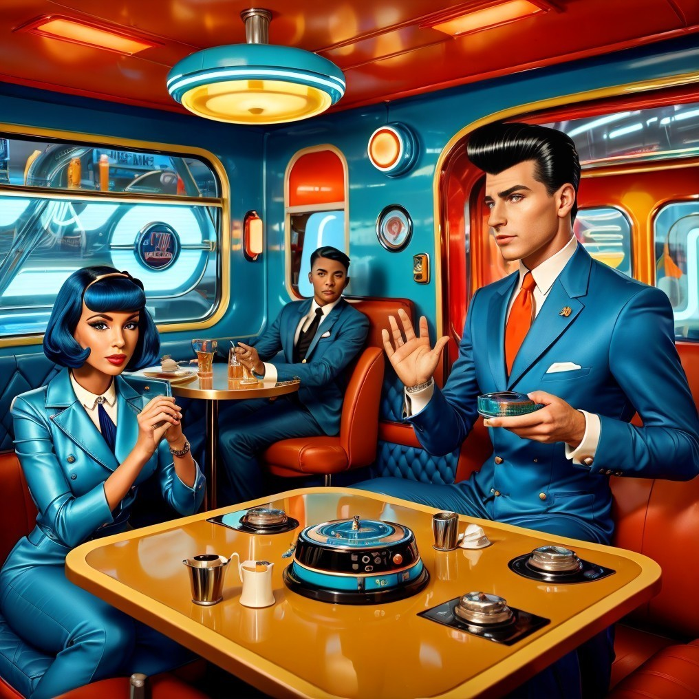 Retro Diner Scene with Three Individuals in Colorful Decor