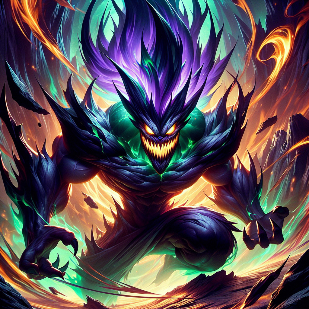 Monstrous figure in vibrant purple and green flames