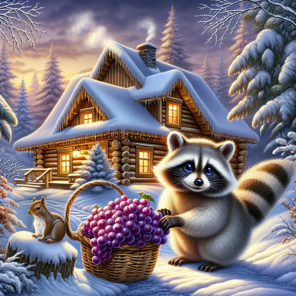 Log Cabin in Snowy Landscape with Wildlife Elements