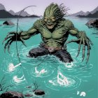 Monstrous Creature Emerges from Teal Lake Scene
