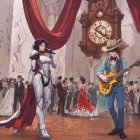 Heroic Figure in Armor Amidst Elegant Hall Scene