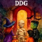 Whimsical Halloween Scene with Costumed Children