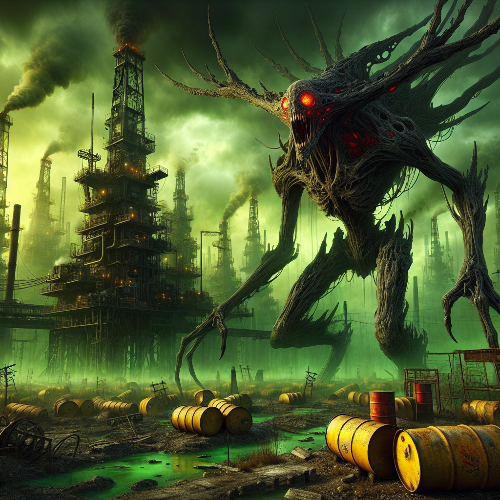 Monstrous Figure in Polluted Industrial Landscape