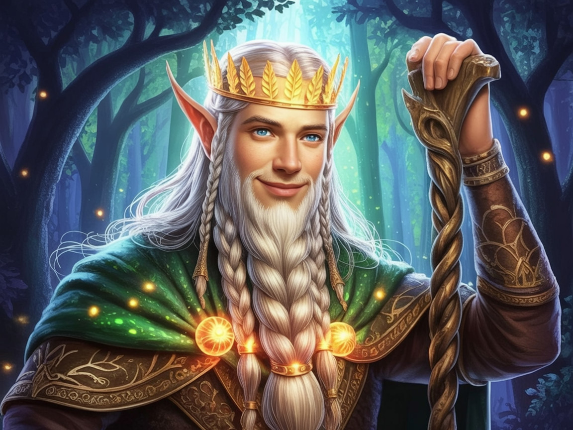 Regal Elf in Mystical Forest with Glowing Orbs