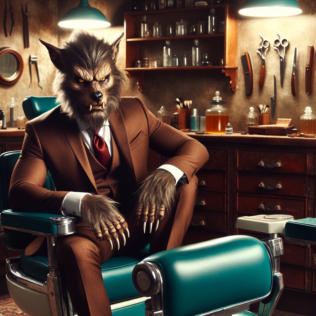 Werewolf in Suit in Vintage Barbershop Setting