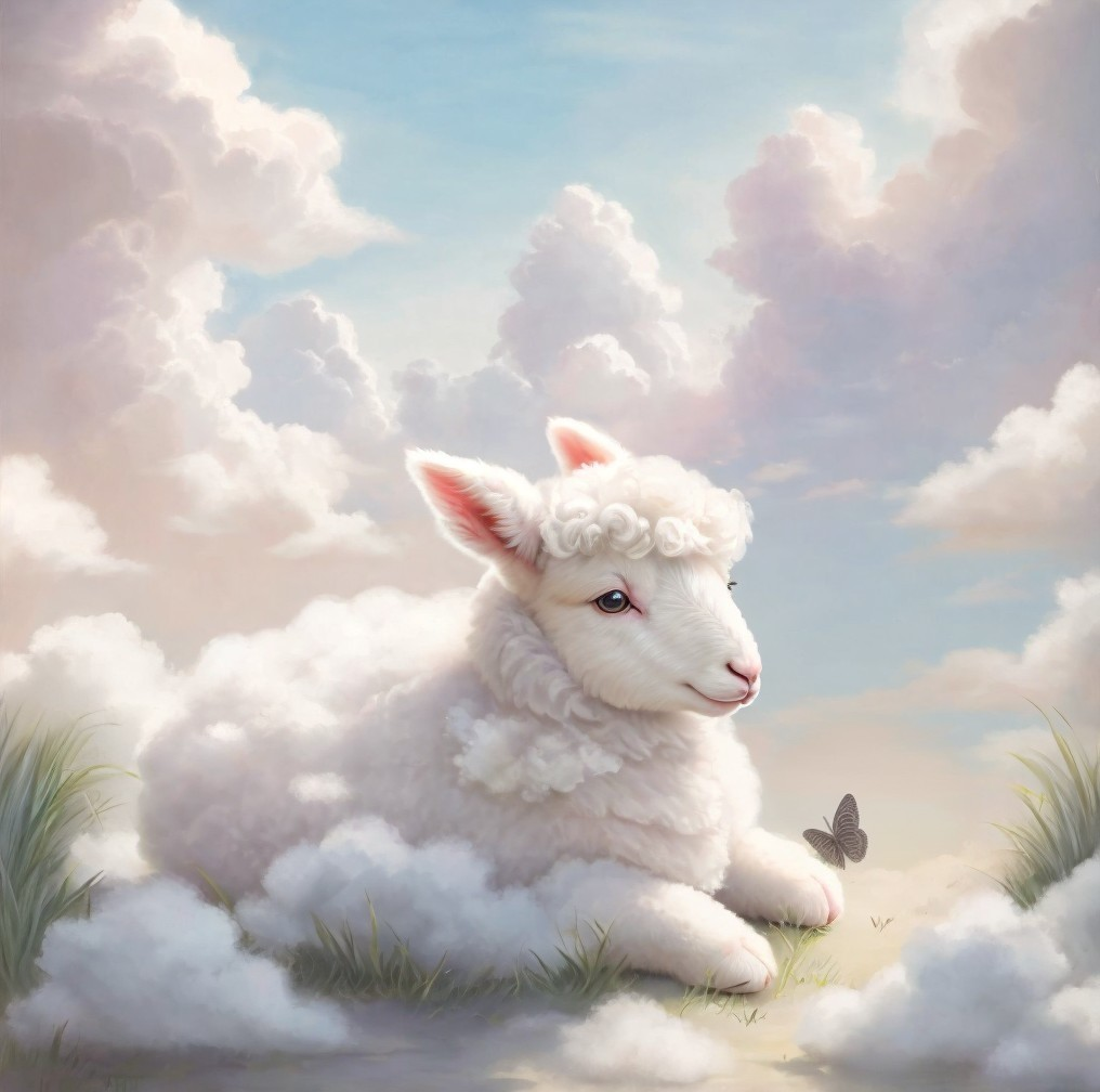 Fluffy Lamb Resting on Dreamlike Cloud Terrain