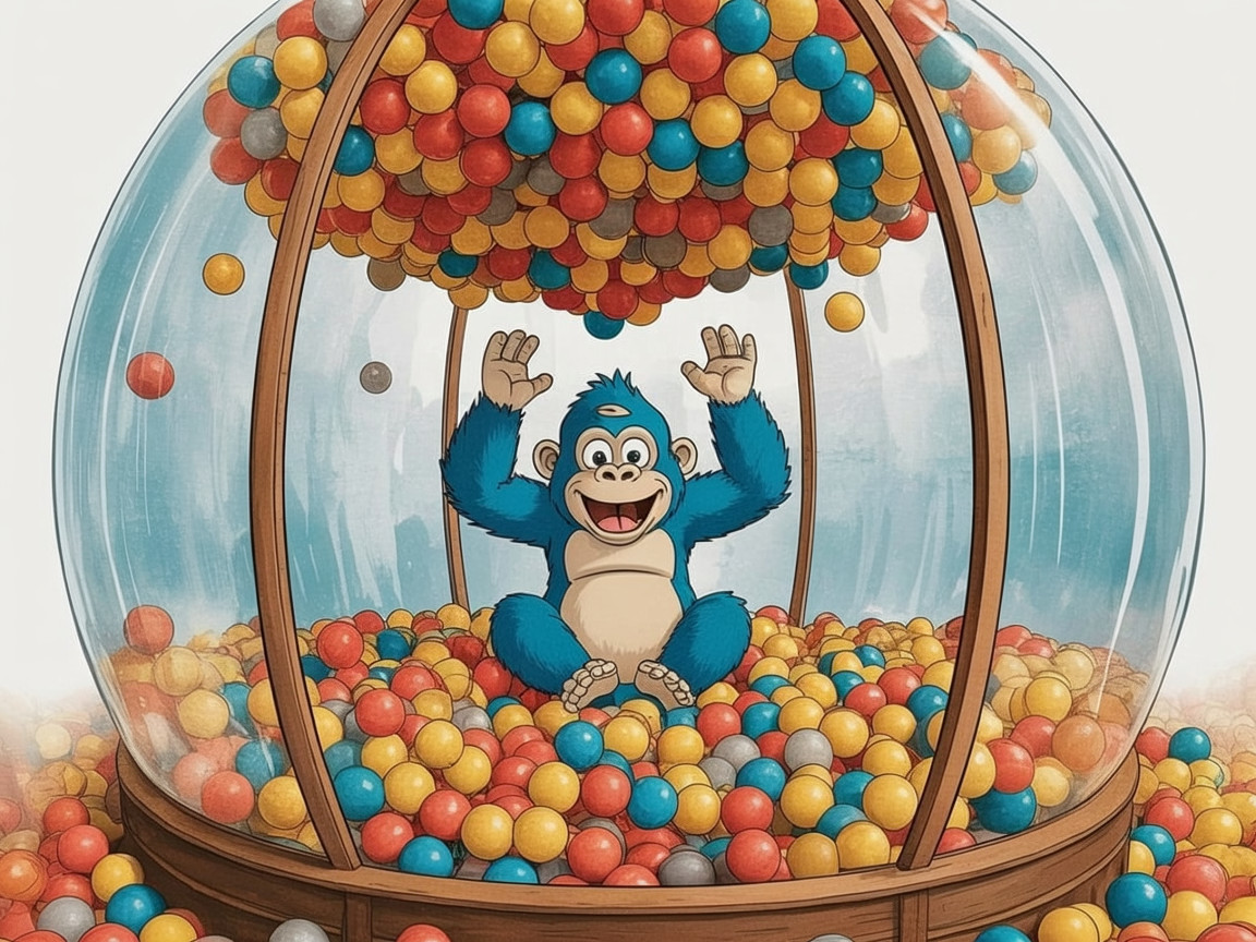 Blue Gorilla in Transparent Dome with Colorful Balls