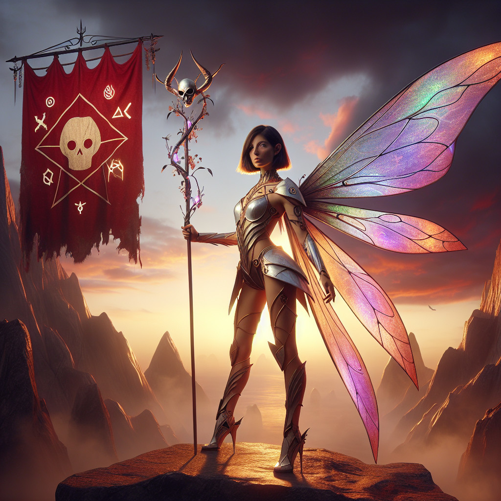 Futuristic Warrior in Silver Armor with Wings and Banner