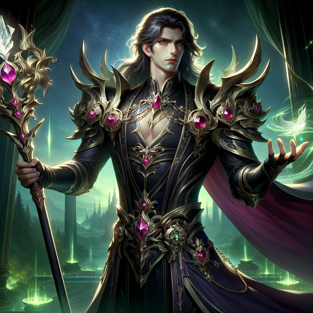 Confident Figure in Dark Ensemble with Magical Background