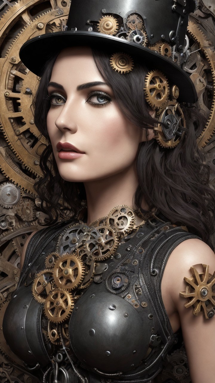 Steampunk Woman with Elaborate Gear-Embellished Attire
