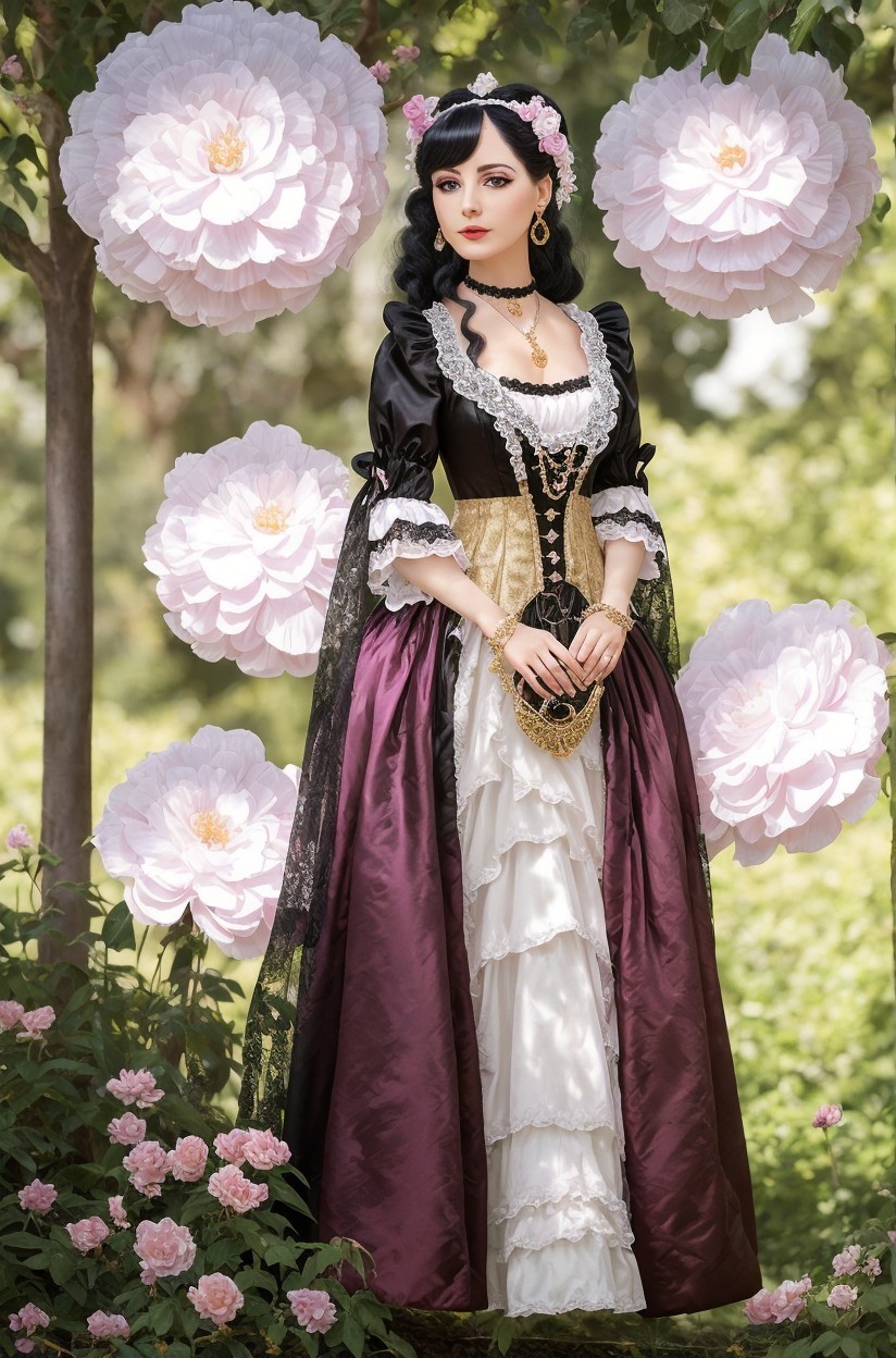 Elegant Woman in Historical Gown in Lush Garden