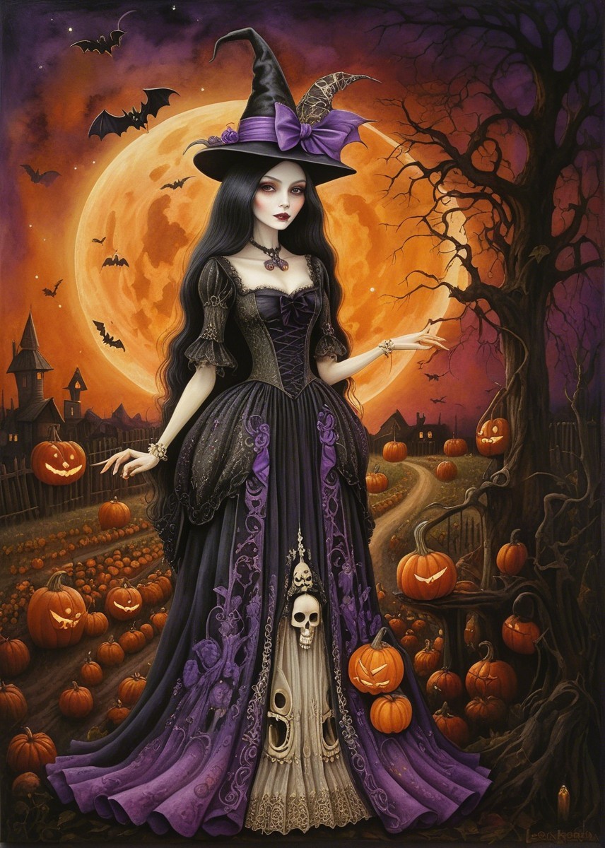 Mystic witch in gown against orange moon and pumpkins
