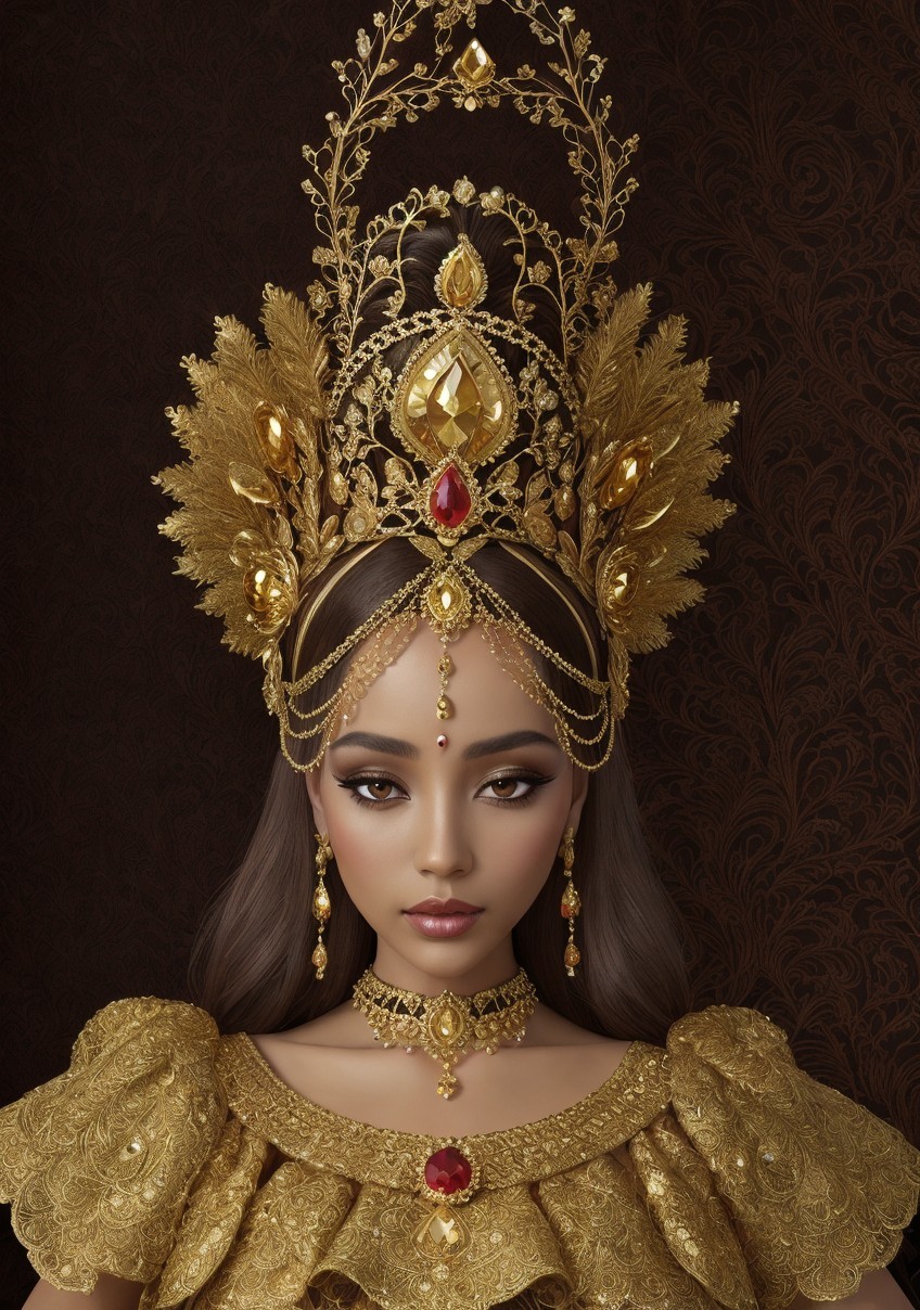 Elaborate Golden Attire with Intricate Headpiece