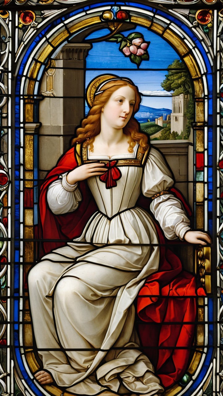 Stained Glass Window of Serene Woman with Floral Design