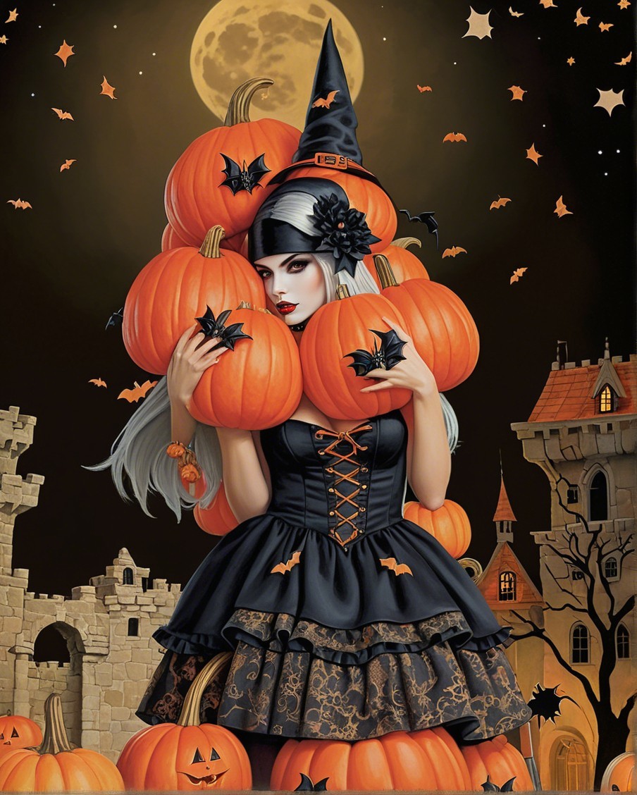Whimsical Halloween Scene with Witch and Pumpkins