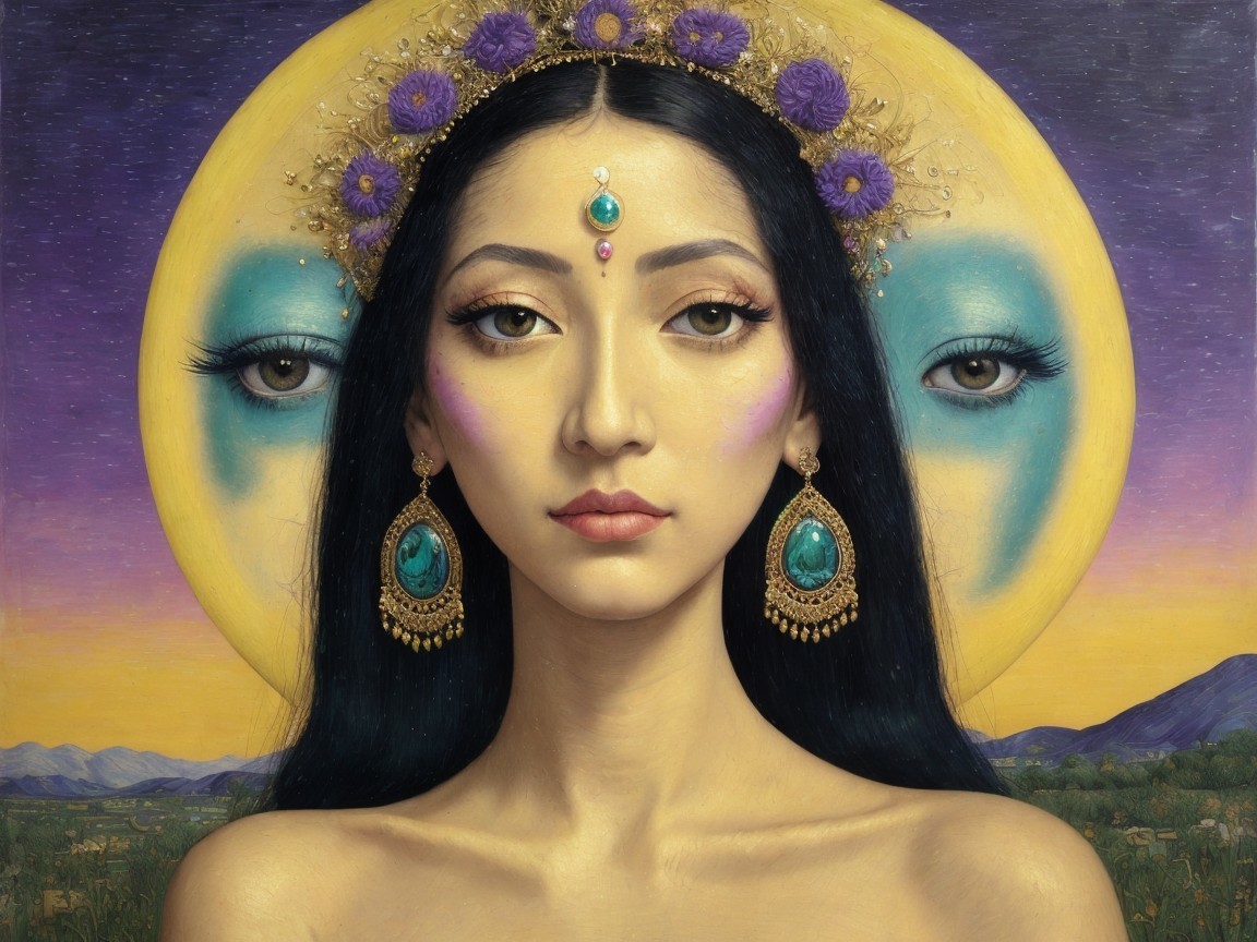Portrait of a Woman with Moon and Floral Elements