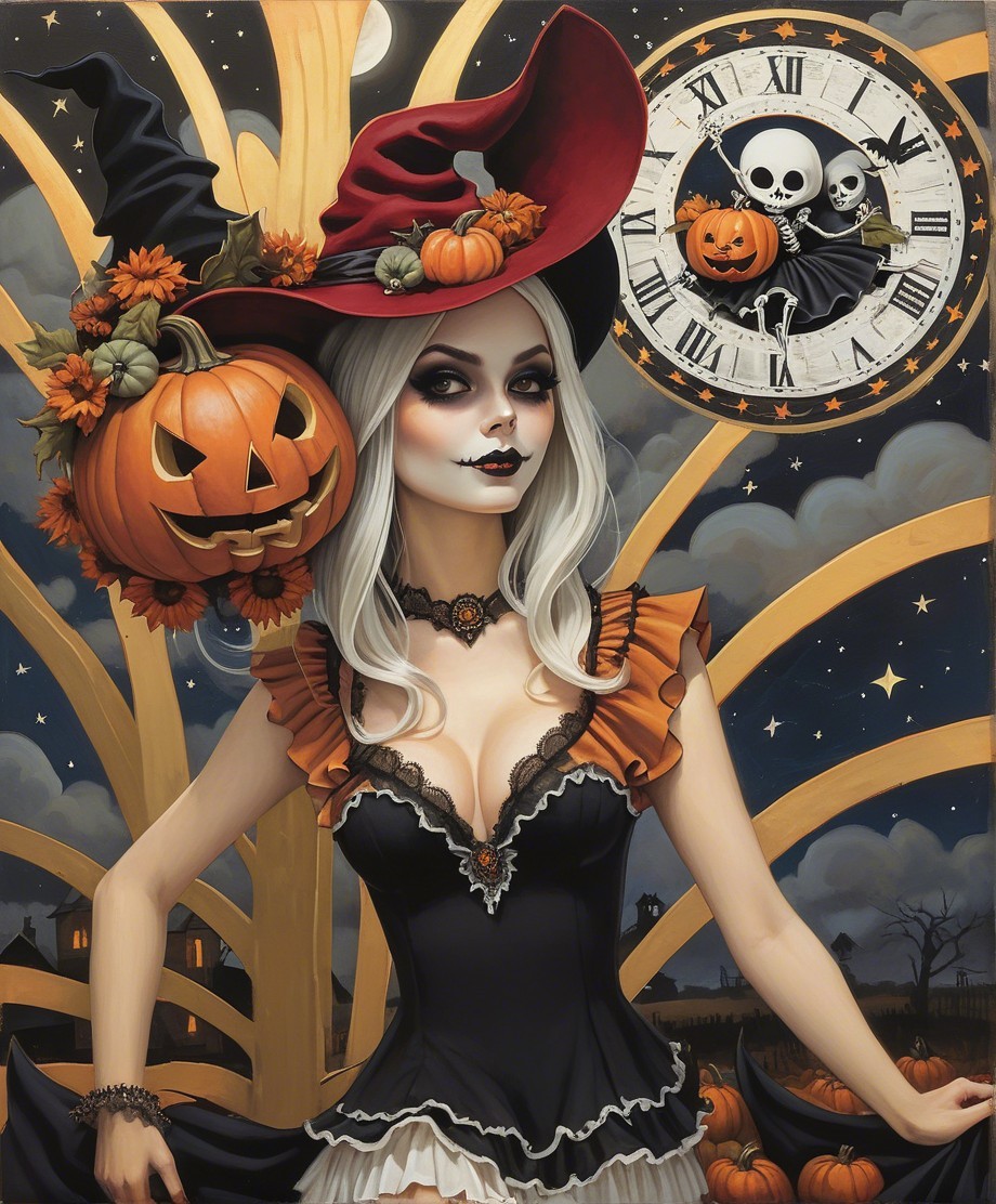 Whimsical Halloween Illustration of a Glamorous Witch