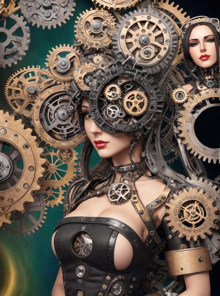 Elaborate Steampunk Figure with Metallic Hair Design