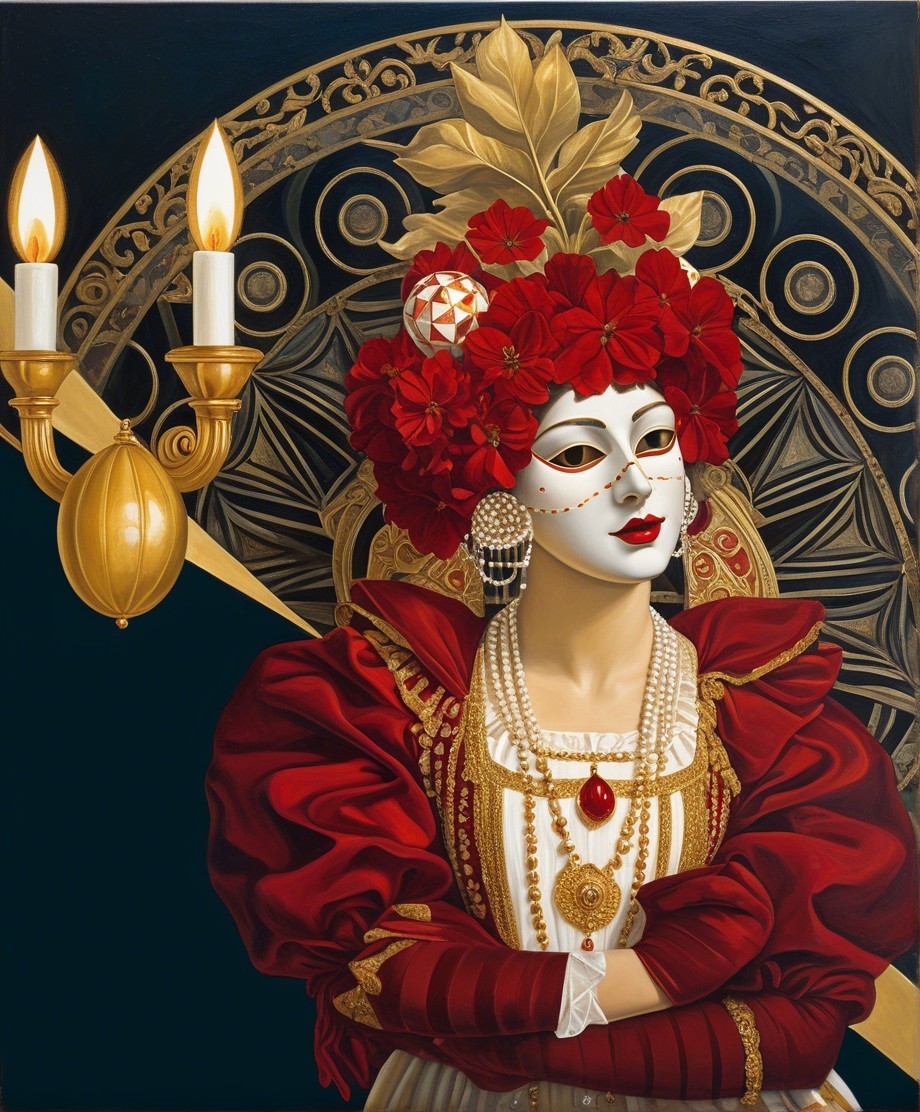 Vibrant Red and Gold Costume with Elaborate Jewelry