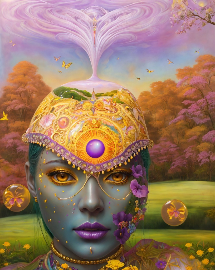 Ethereal Figure with Blue Face and Colorful Energy Burst