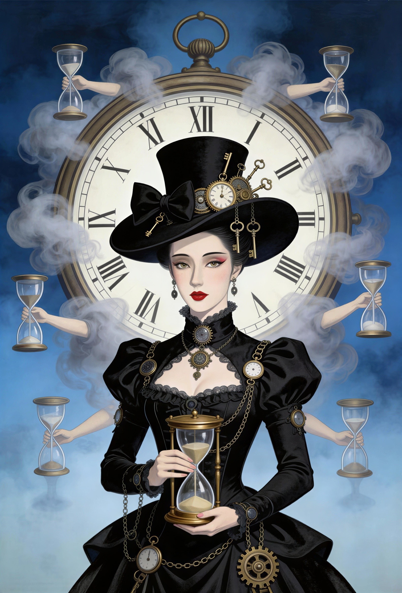 Woman in Black Dress with Steampunk Accessories and Clock