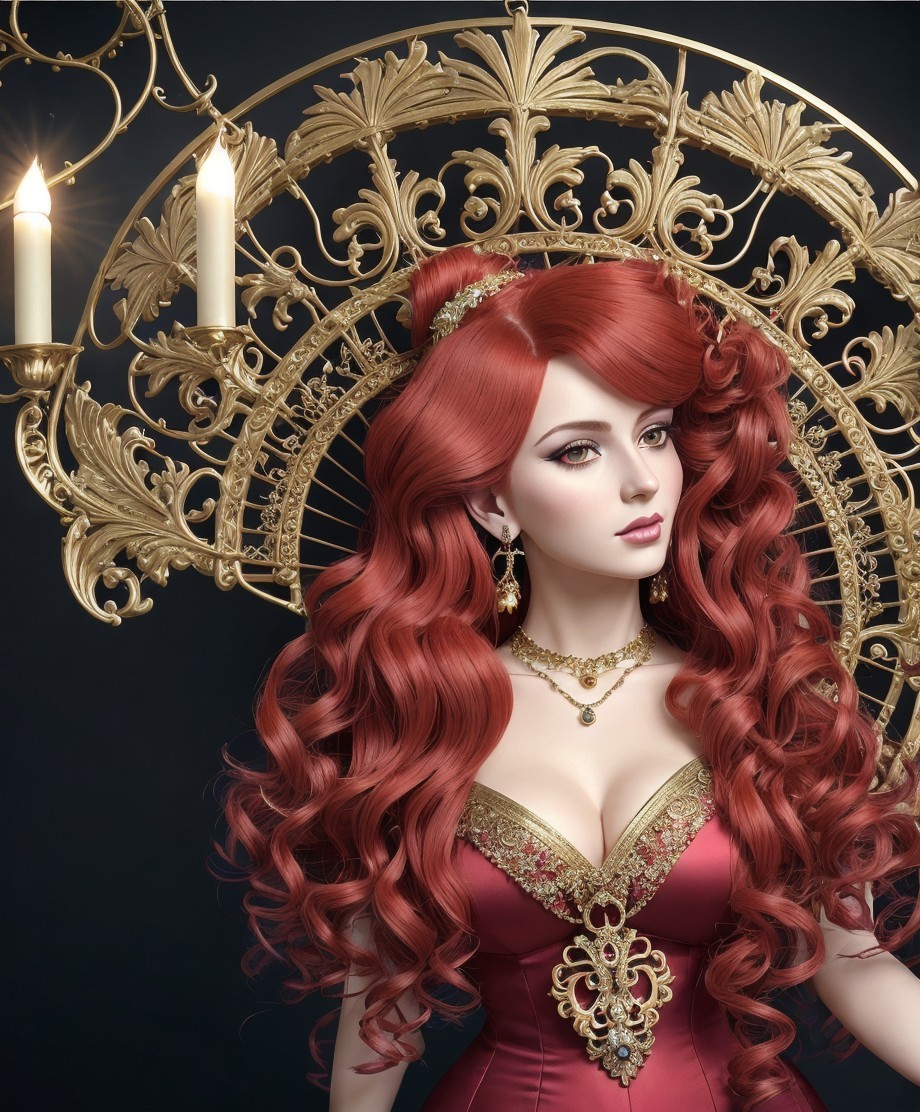 Elegant figure with red hair in luxurious dress