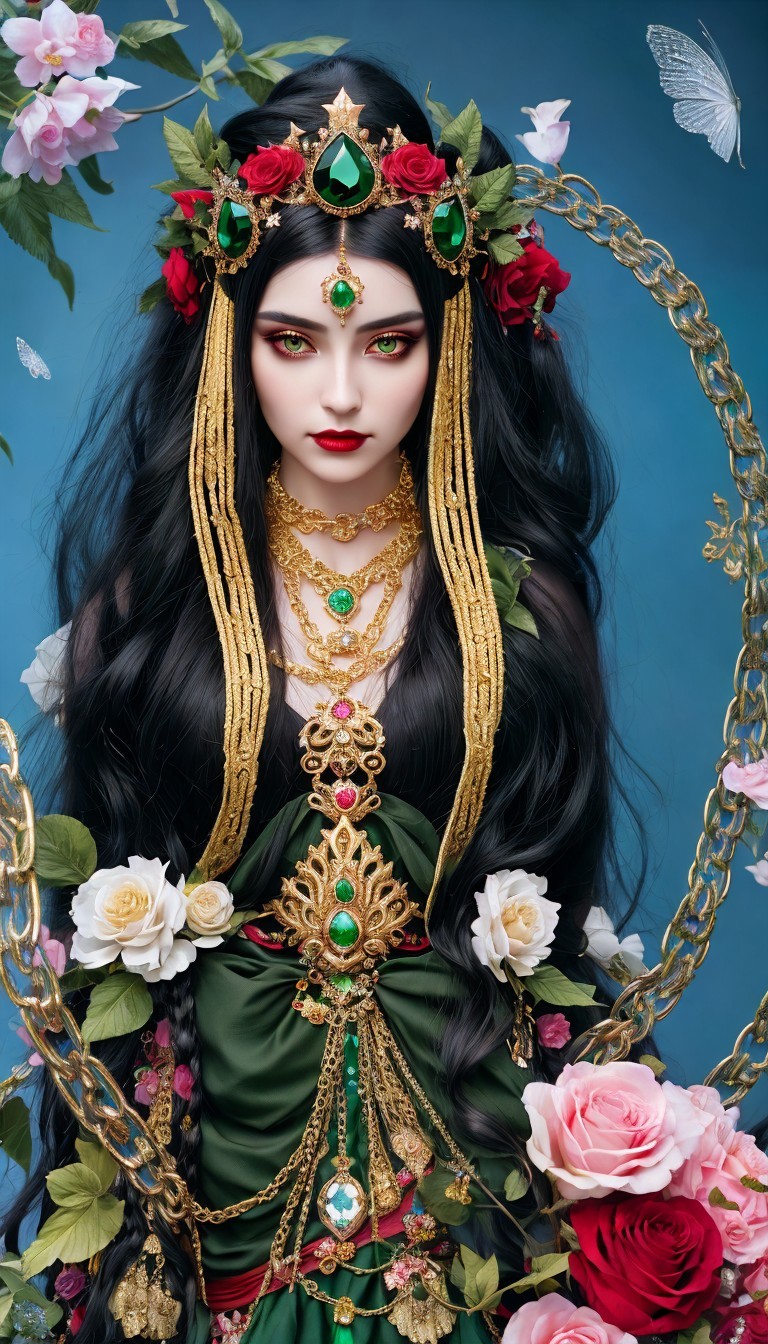 Enchanting figure with black hair and vibrant roses