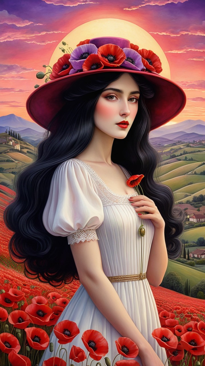 Young Woman in Poppy Field at Sunset
