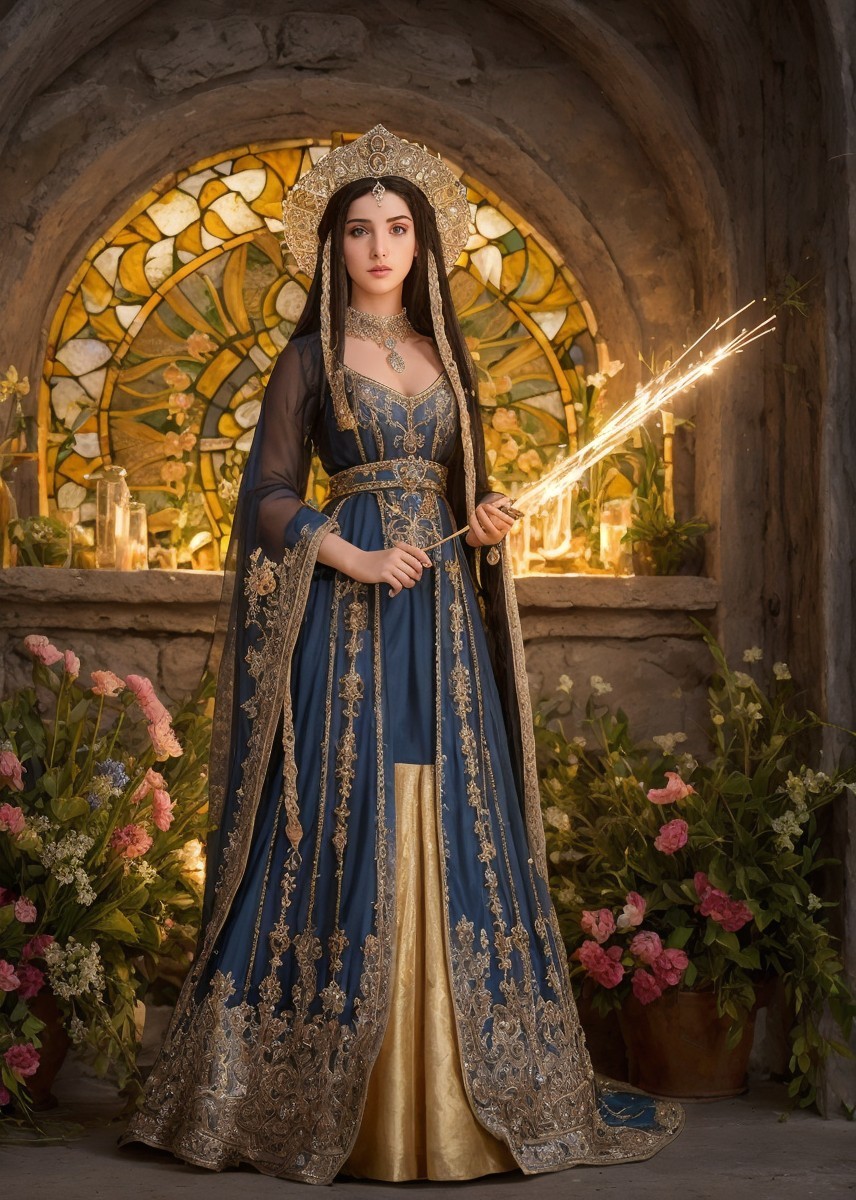 Elegant woman in lavish blue and gold gown with wand