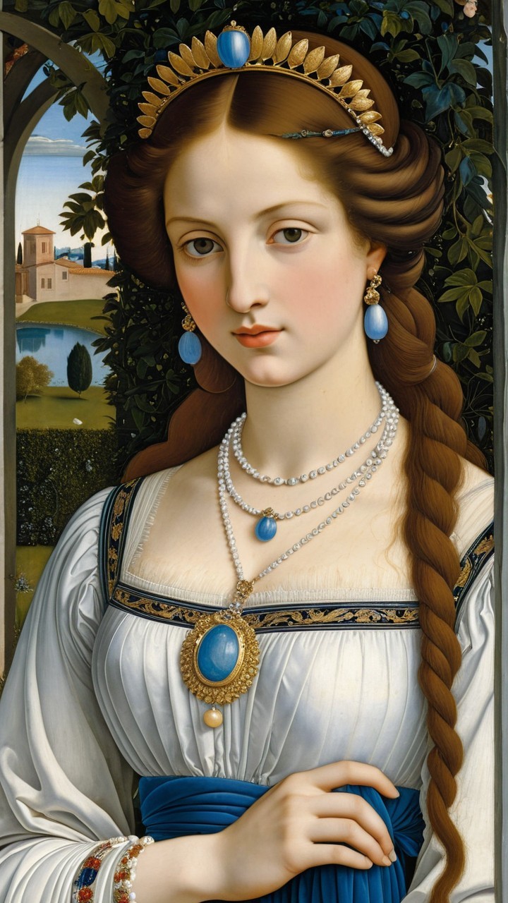 Young woman in elegant attire with gemstones and crown
