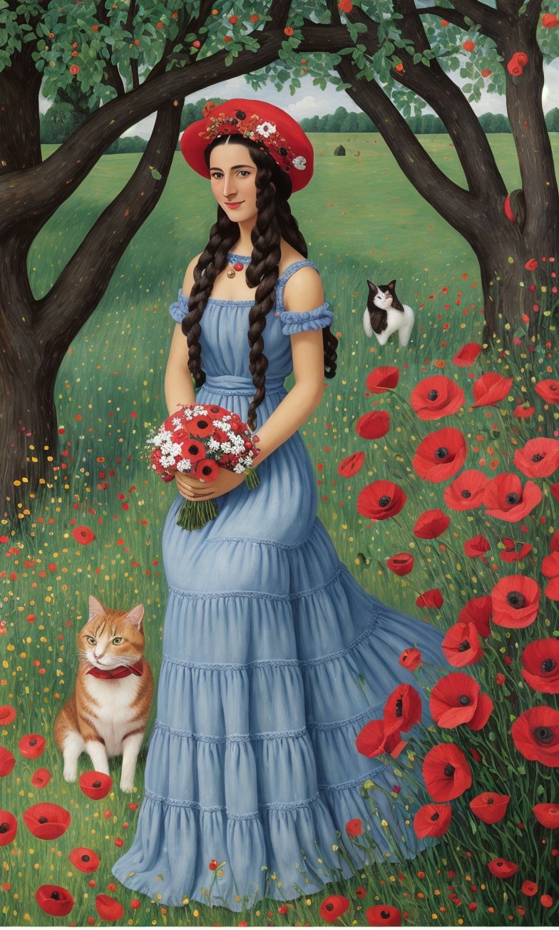 Young Woman in Blue Dress in Poppy Field with Animals