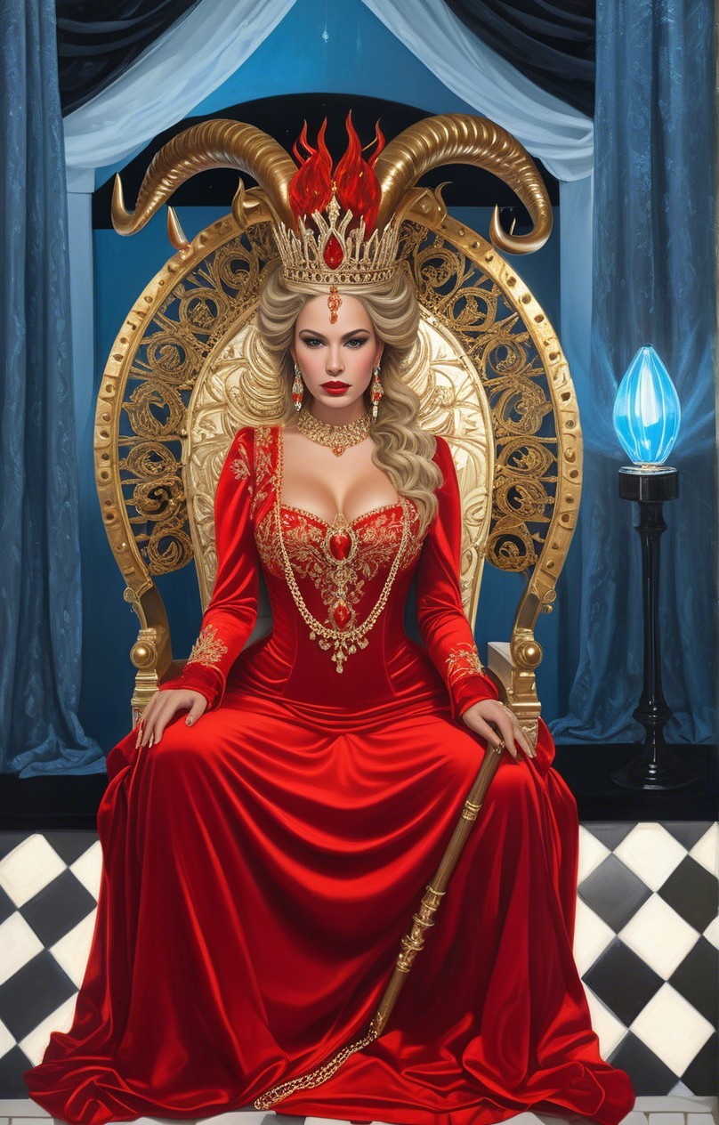 Regal figure on ornate throne in red gown and crown