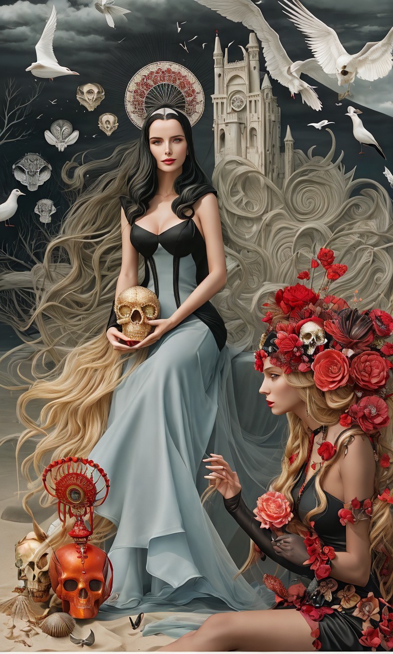 Elegant Women in Surreal Gothic Scene with Skulls