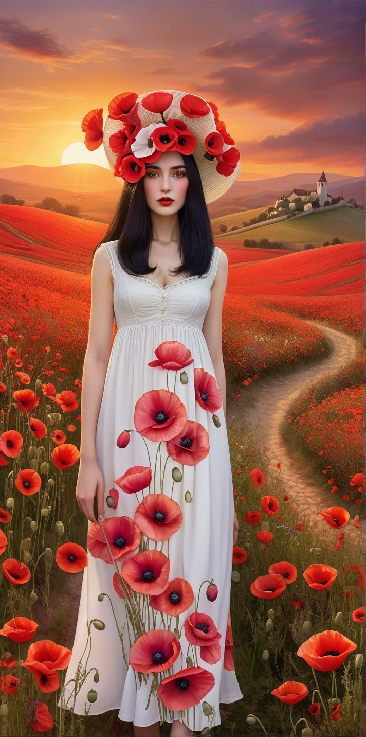 Young Woman in Poppy Field at Sunset