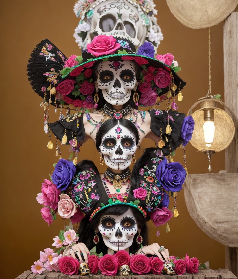 Vibrant Day of the Dead Skull Figurines Display