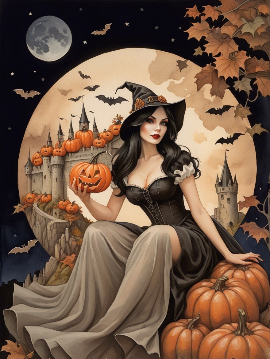 Mysterious Woman in Witch Hat Among Pumpkins and Moon